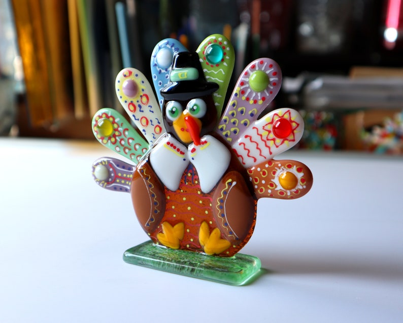 Funny turkey, Thanksgiving table decoration, fused glass statuette, desk accessories. image 3