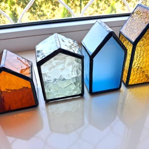 Stained Glass Candle Holders, abstract colorful houses, home accent.
