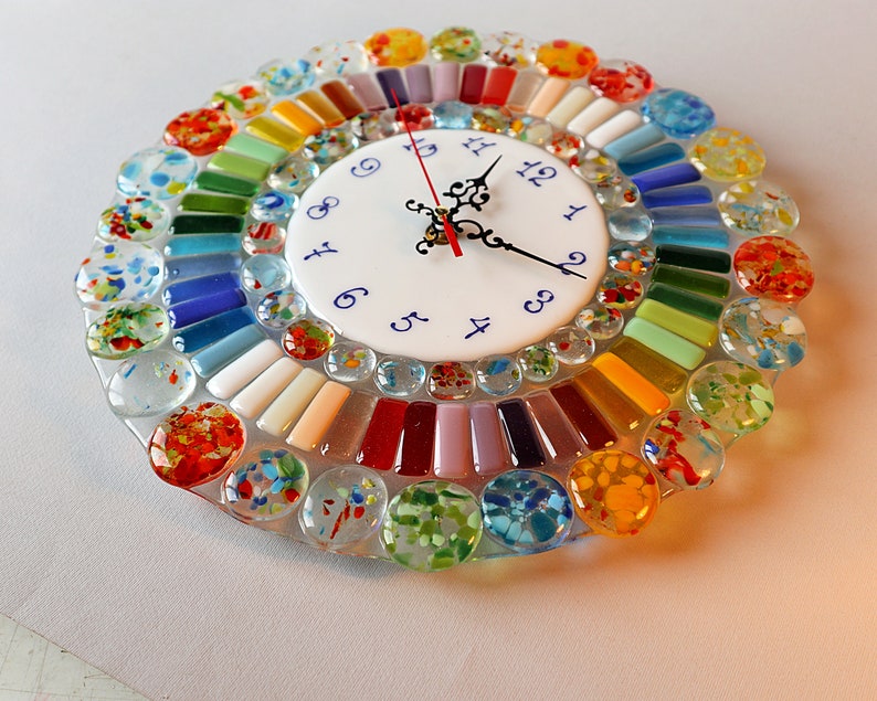 Rainbow fused glass round wall clock. Etsy