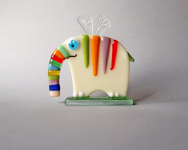 Figurine Fused Glass Flying Elephant Statuette Desk Etsy