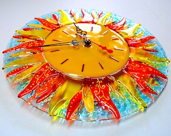 Fused glass wall clock Sun.