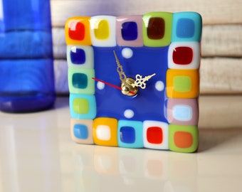 Fused glass desk clock, small table clock 4 x 4 inches, bright wall clock