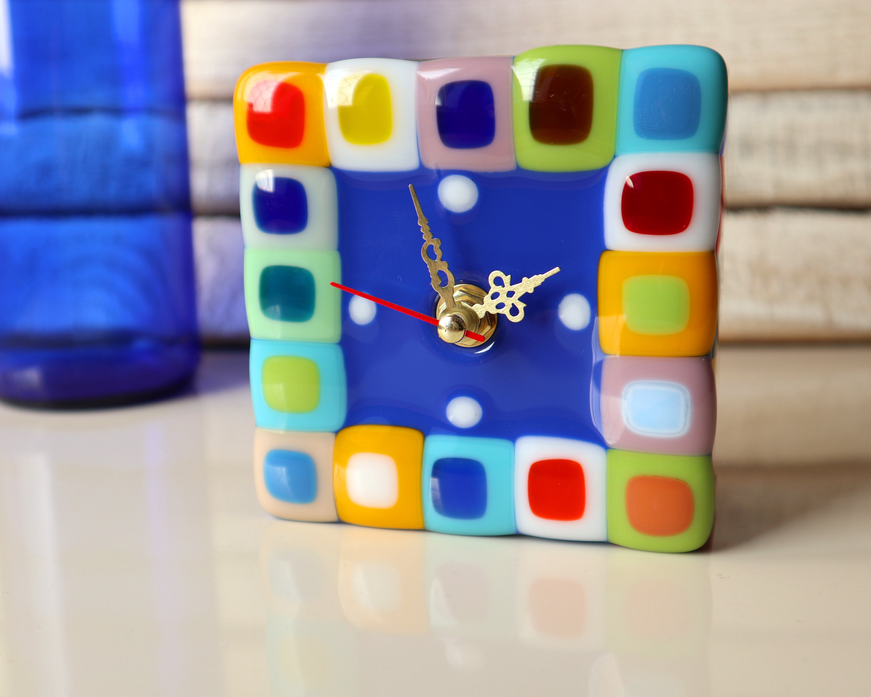 Fused Glass Desk Clock Small Table Clock 4 X 4 Inches Bright Etsy
