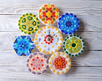 Colorful Round Glass Clock, Contemporary Wall Decor, Quiet Clock, Gift for New Home