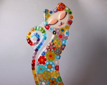 Cat in flowers, fused glass figurine cat, stained glass table statuette.