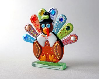 Funny turkey, Thanksgiving table decoration, fused glass statuette, desk accessories.