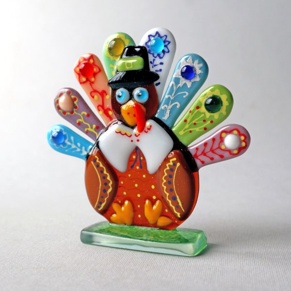 Funny turkey, Thanksgiving table decoration, fused glass statuette, desk accessories.