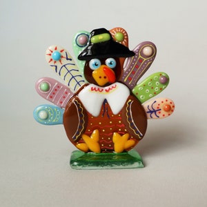 Funny turkey, Thanksgiving table decoration, fused glass statuette, desk accessories. image 5