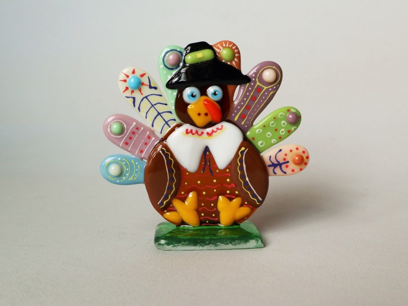 Funny turkey, Thanksgiving table decoration, fused glass statuette, desk accessories. image 5