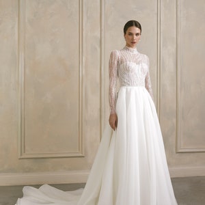 Winter modest wedding dress,Long sleeve wedding dress,High neck wedding dress, A line bridal dress,Boho wedding dress