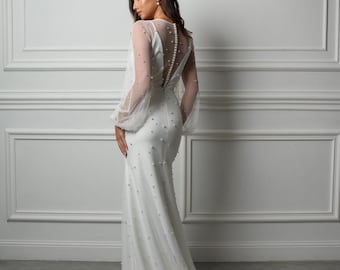 Pearl Beaded Wedding Dress Long Sleeves, Deep V Neck Mermaid Bridal Gown, Elegant Button Back Dress