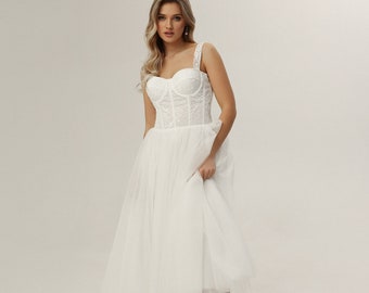 Corset tea length wedding dress,Midi wedding dress,Elopement dress,Bridal shower dress,Tulle wedding dress,Wedding reception dress