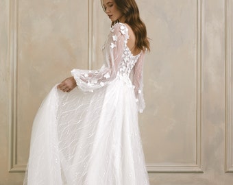 Floral boho wedding dress, Long sleeve wedding dress, Romantic tulle wedding dress for bride, A line wedding dress, Wedding gown