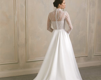 High neck modest wedding dress,Long sleeve wedding dress,Embroidered wedding gown,Lace wedding dress,A line bridal dress Monroe