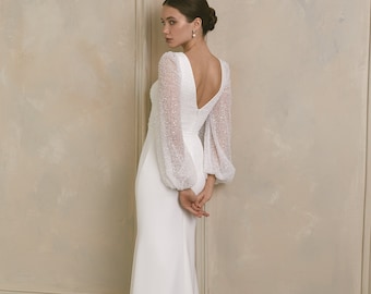Fit-And-Flare Beaded Crepe Bridal Gown With A Plunging V-Neckline and Open V-back, Puff Long Sleeve Wedding Dress,Elopement Dress Edena