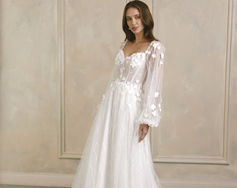 Unique Boho Wedding Dress with Long Sleeves | A-Line Floral Bridal Gown| Sweetheart Tulle Wedding Dress |Feminine Wedding Dress