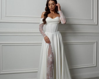 Satin Corset Wedding Dress with Long Lace Sleeves, Off Shoulder A Line Bridal Gown, Romantic Split Skirt