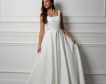 Simple Satin Wedding Dress with Square Neck, Unique Minimalist A-Line Bridal Gown with Straps, Elegant Corset Back