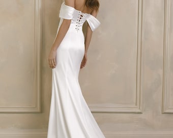 Simple Corset Mermaid Wedding Dress | Off-Shoulder Satin Bridal Gown with Draped Bodice and Train | Romantic Beach Bridal Dress