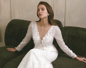 Beaded Lace Mermaid Wedding Dress with Long Sleeve, Deep V Neck and Back Bridal Gown, 3D Flowers Button Back Fit and Flare Dress with Train