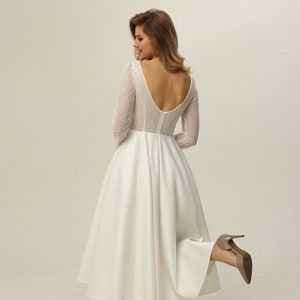 Modest Satin Midi Wedding Reception Dress, Long Sleeve Courthouse Wedding Dress, Tea Length Bridal Shower Dress