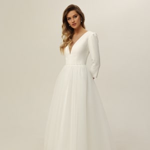 Reception dress with tulle skirt,Tea length elegant wedding dress,V neck wedding dress with sleeves,Satin civil wedding dress,Bridal gown