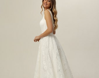 Kurzes Brautkleid, Spitzenbrautkleid, Teelanges Brautkleid, Empfangsbrautkleid, Brautpartykleid, Verlobungskleid, Elopementkleid