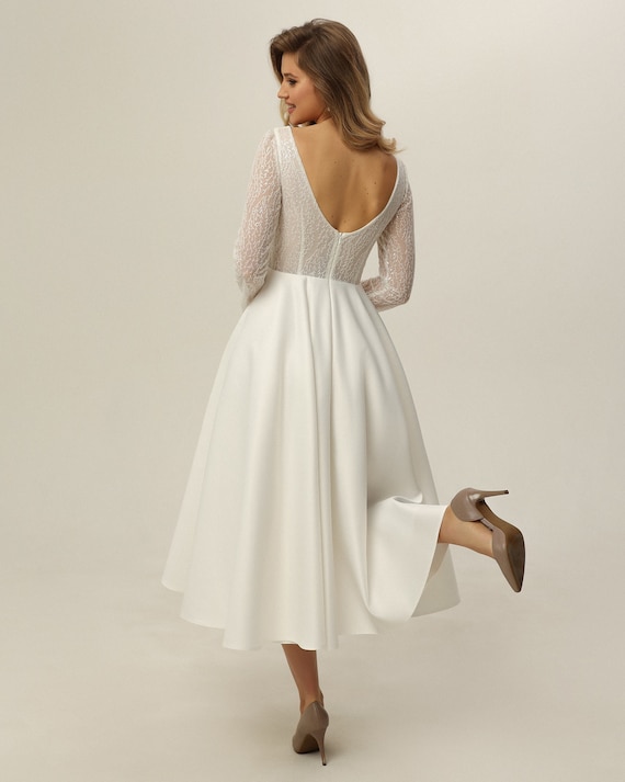 Modest Satin Midi Wedding Reception Dress, Long Sleeve Courthouse Wedding  Dress, Tea Length Bridal Shower Dress - Etsy