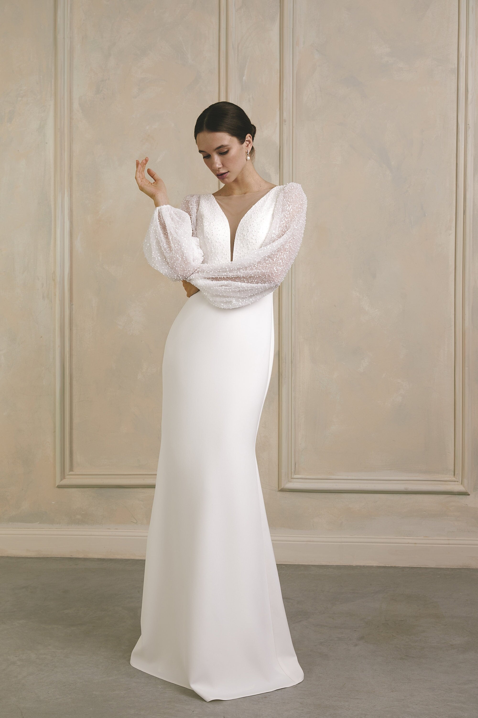 Fit-and-flare Beaded Crepe Bridal Gown With A Plunging V-neckline and Open V-back,  Puff Long Sleeve Wedding Dress,elopement Dress Edena - Etsy