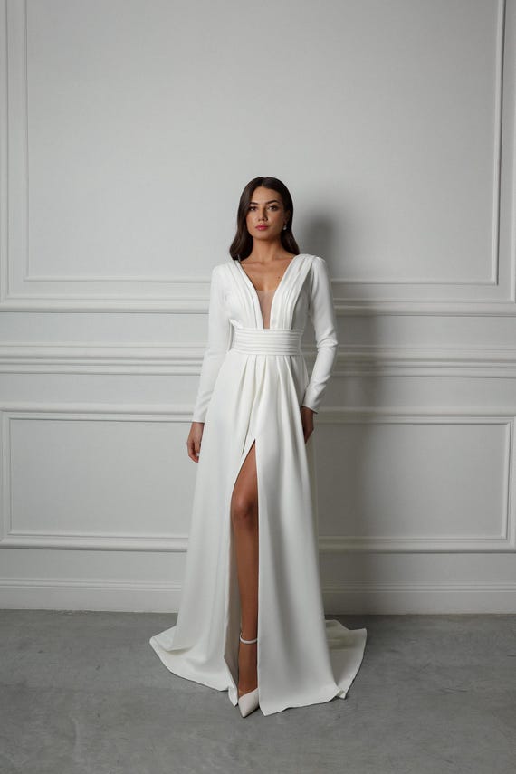 Satin V Neck Wedding Dress Long Sleeves | A-line Bridal Gown Open Back Leg  Slit | Simple Elegant Court Elopement Dress Civil Ceremony - Etsy