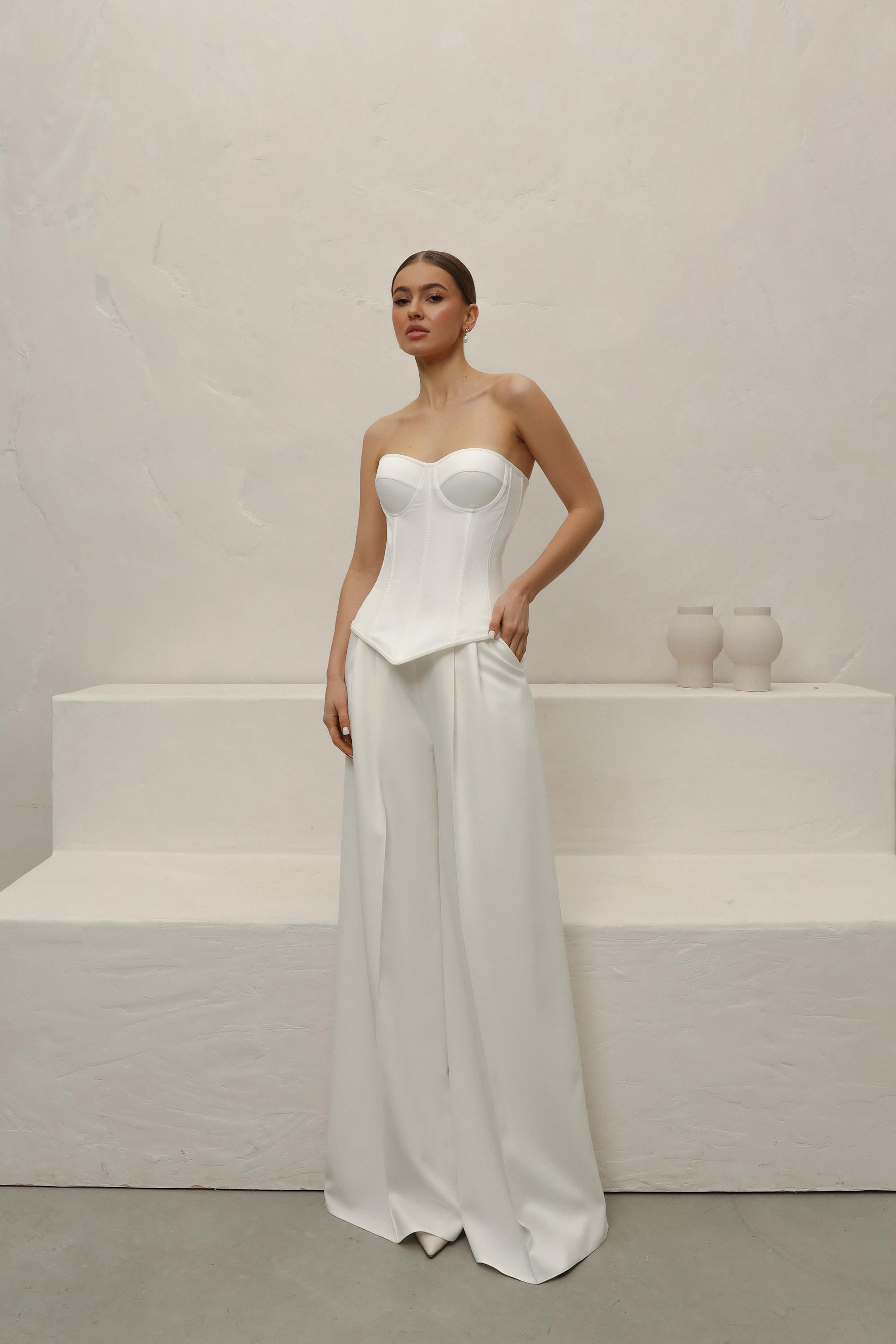 corset dress top and pant Two Piece Bridal Suit Set, Satin Corset Bustier With Pants,unique Basque Waist Lace-up Top & Palazzo Pants for Courthouse Wedding size:xxlarge salwar Bridesmaid Makeup: 12 Ideas Mint corset and the contoured bustline