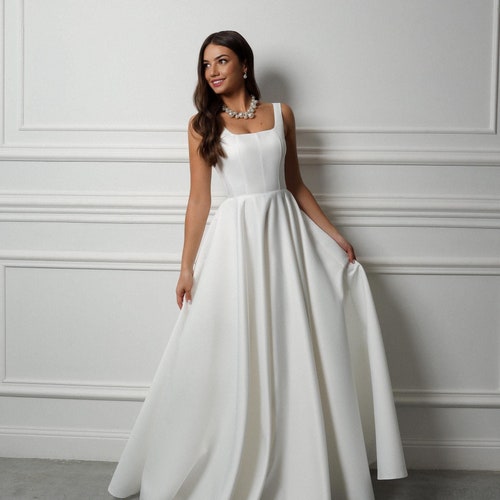 elegant square neck dress Square Neck Little White Dresses 3/4 Sleeves Tea Length Graduation Gown Elegant Wedding Dress With Ruffles, Ivory