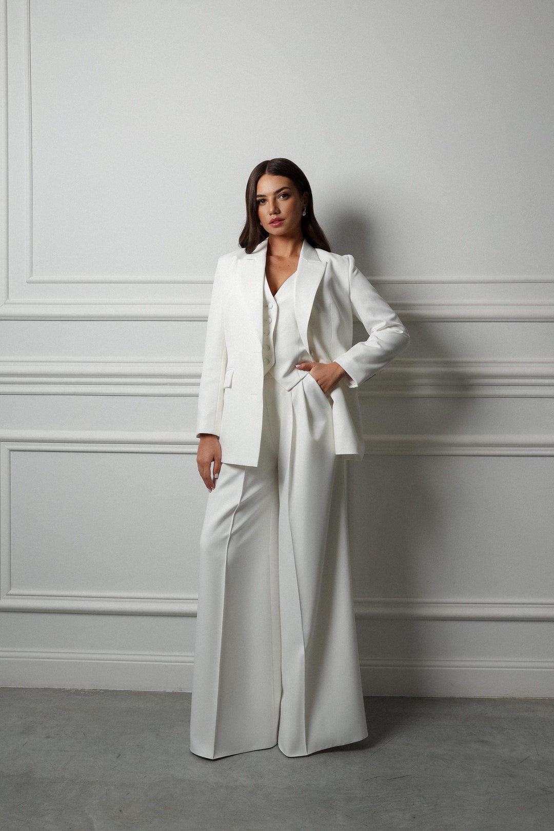 Wedding Suit Three Piece Satin, Bridal Pantsuit With Jacket for ...