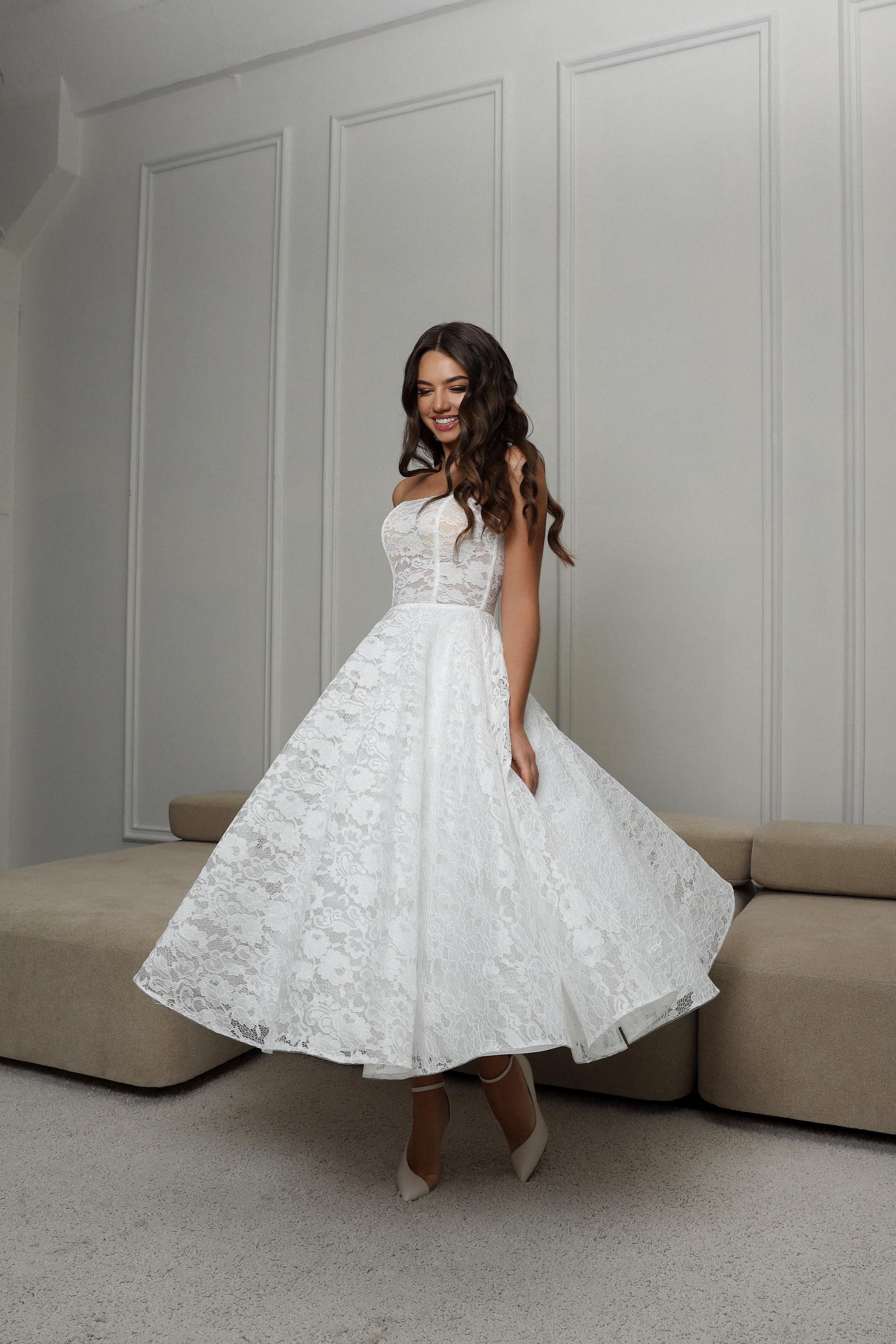 tea length lace wedding dresses Short Wedding Dresses Off Shoulder Lace A Line Tea Length Bridal Gown Plus Size