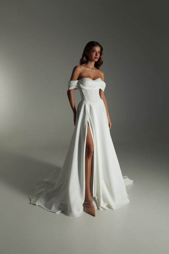 high waisted wedding dresses Isabella bridal lace dress with high waist for maternity M / White main image 1