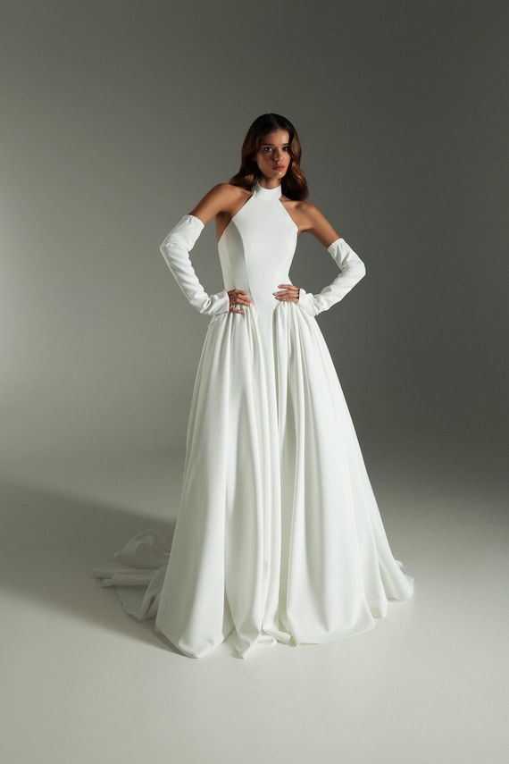 halter neck long sleeve wedding dress Detachable Sleeves, Minimalist Open Back Satin Bridal Gown, Simple A-Line with Train global-print-Tie Dye Green