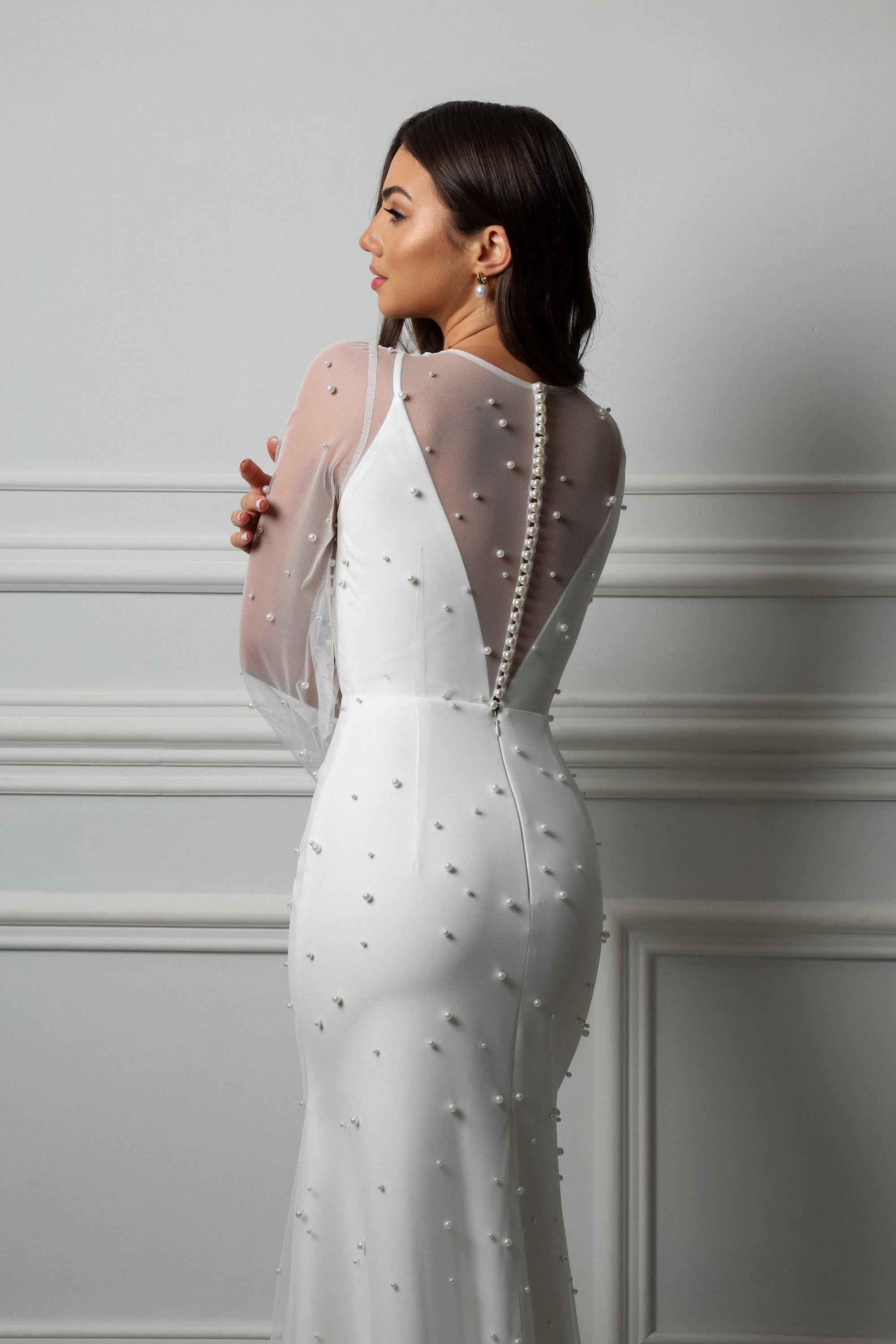 Pearl Beaded Mermaid Wedding Dress Long Sleeves | Luxury Satin Tulle Bridal Gown | Elegant Button Back Fit and Flare Train Dress