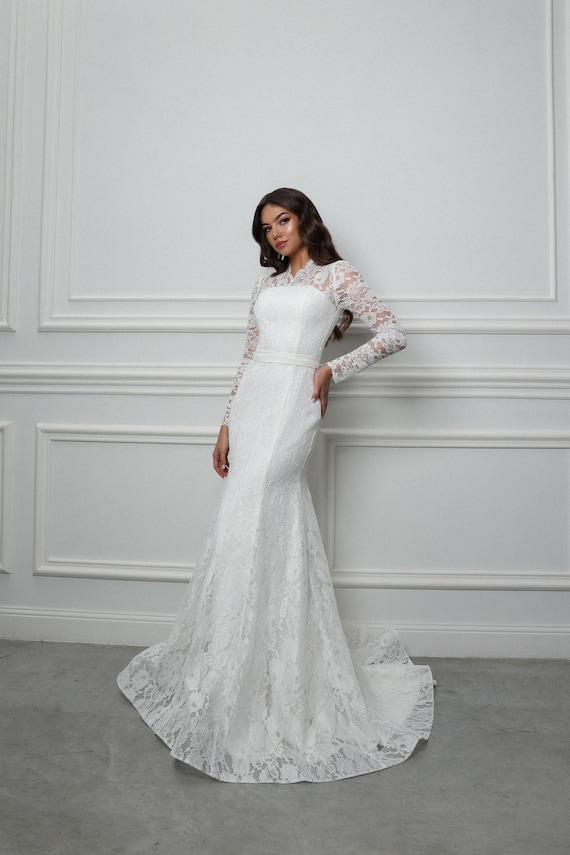 chinese dress ladies Fitted Long Sleeve Slit Bridal Gown by Adrianna Papell 31143