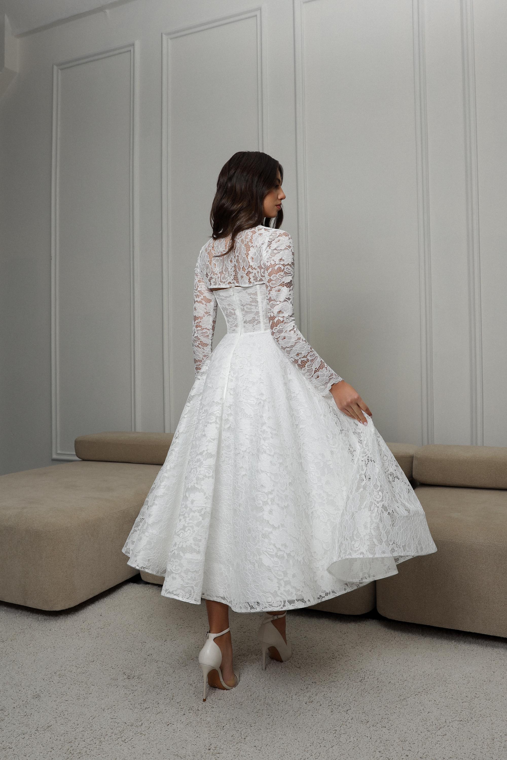 Tea Length Wedding Dress, Long Sleeve Lace Detachable Bolero, Winter Courthouse Bridal Gown Tea Length Wedding Dress, Long Sleeve Lace Detachable Bolero, Winter Courthouse Bridal Gown