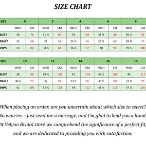 May include: Size chart for clothing with measurements in inches and centimeters. The chart includes bust, waist, and hip measurements for sizes 0 through 18.