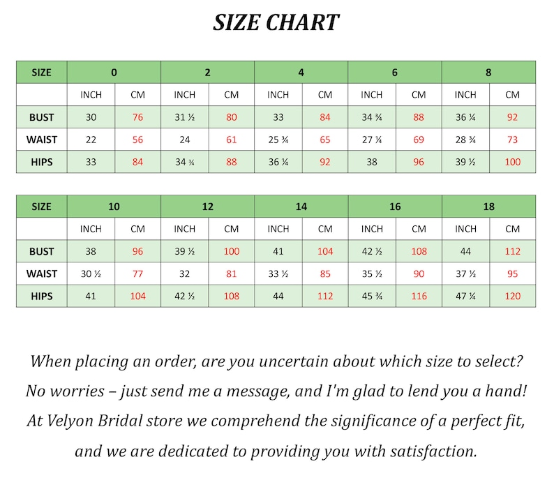 May include: Size chart for clothing with measurements in inches and centimeters. The chart includes bust, waist, and hip measurements for sizes 0 through 18.