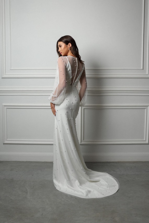 untucked slim fit non iron dress shirt The Lily Pearl Beaded Long Off shoulder Gown with Fitted Mermaid Skirt 6 main image 0
