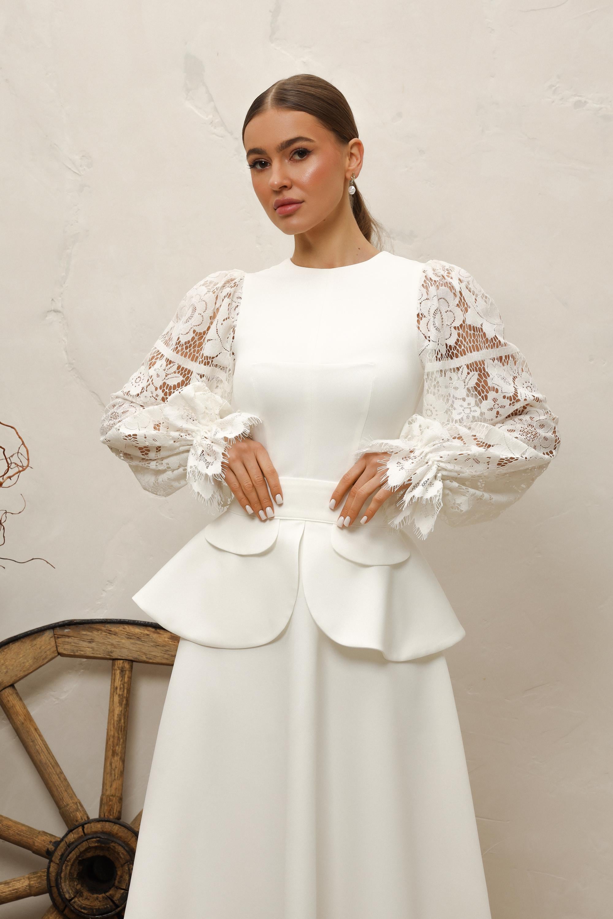 chinese dress ladies Antheia White Lace Long-Sleeve Peplum Mini Dress – Club L London main image 1