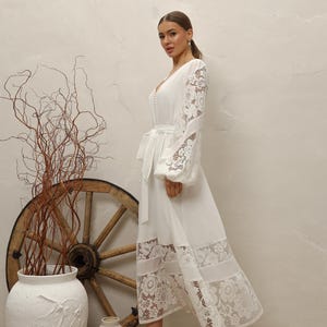 bohemian tea length dress A-Line Ankle Length Lace Tulle Wedding Dress Boho Little White Dress COCOMELODY CW3396, 20 Days / Ivory / US14-UK16-EUR44
