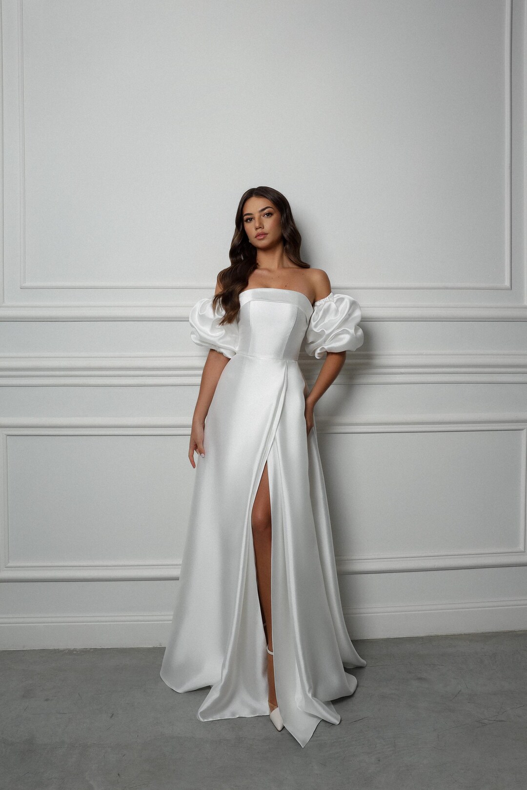 corset wedding dress with puff sleeves Royal Natural Taffeta and Lace Ball Gown Wedding Dress with Puff Sleev HAREM's Brides