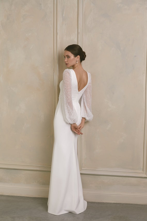 Fit-and-flare Beaded Crepe Bridal Gown With A Plunging V-neckline and Open V-back, Puff Long Sleeve Wedding Dress,elopement Dress Edena - Etsy UK Fit-and-flare Beaded Crepe Bridal Gown With A Plunging V-neckline and Open V-back, Puff Long Sleeve Wedding Dress,elopement Dress Edena - Etsy UK
