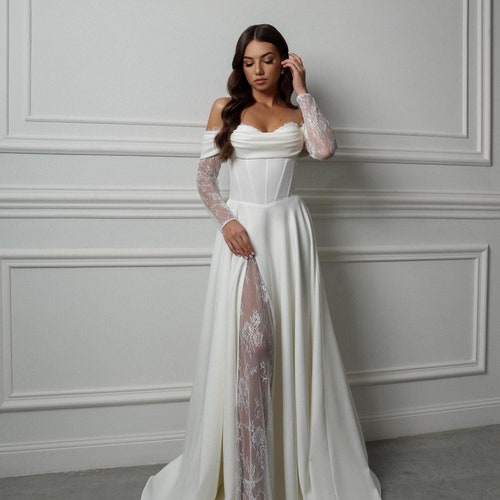 Satin Corset Wedding Dress with Long Lace Sleeves, Off Shoulder A Line Bridal Gown, Romantic Split Skirt