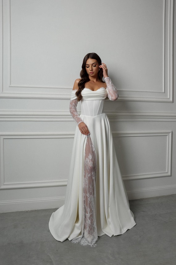 slim fit dress slacks A-Line Lace Bodice Satin Skirt Wedding Gown, Modest Bridal Dress with Sleeve,WD00873, US6 / Champagne main image 1