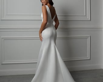 Simple Satin Mermaid Wedding Dress, V Neck Open Back Bridal Gown, Elegant Minimalist Dress