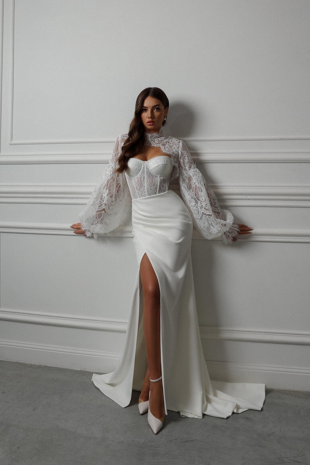 Lace Corset Wedding Dress With Detachable Sleeves, Mermaid Satin Bridal ...